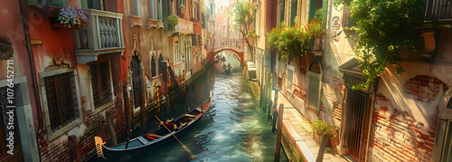 A gondola ride through a narrow canal in Venice The sun is shining brightly and the water is reflecting the light. 