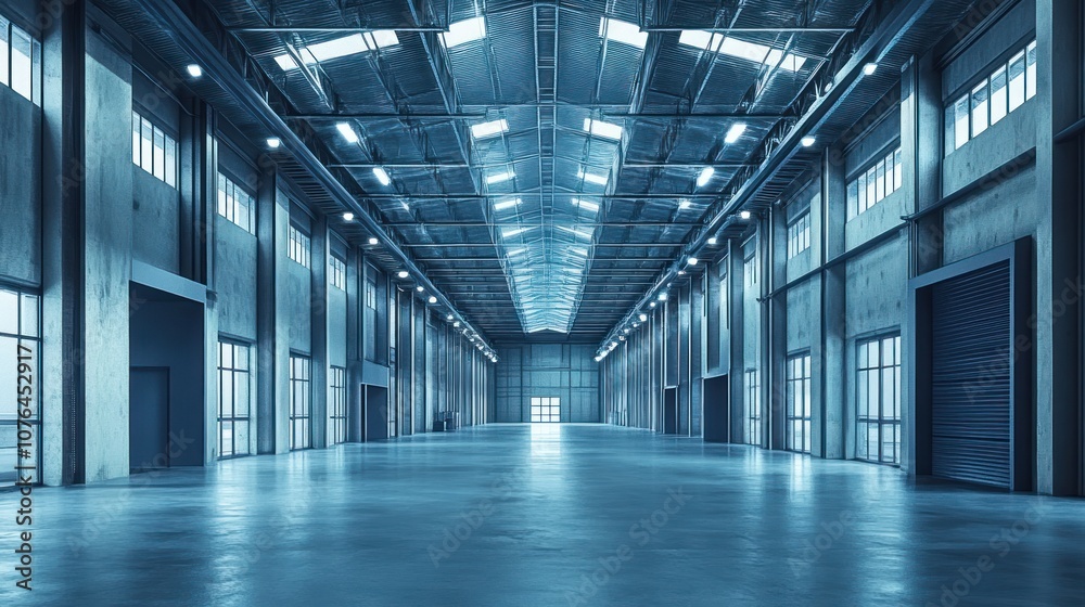 Empty Industrial Building Interior with Windows and a Roller Shutter Door