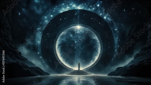A mystical portal glows in a starry night, inviting cosmic exploration and wonder. A lone figure stands before it, ready to step into another dimension