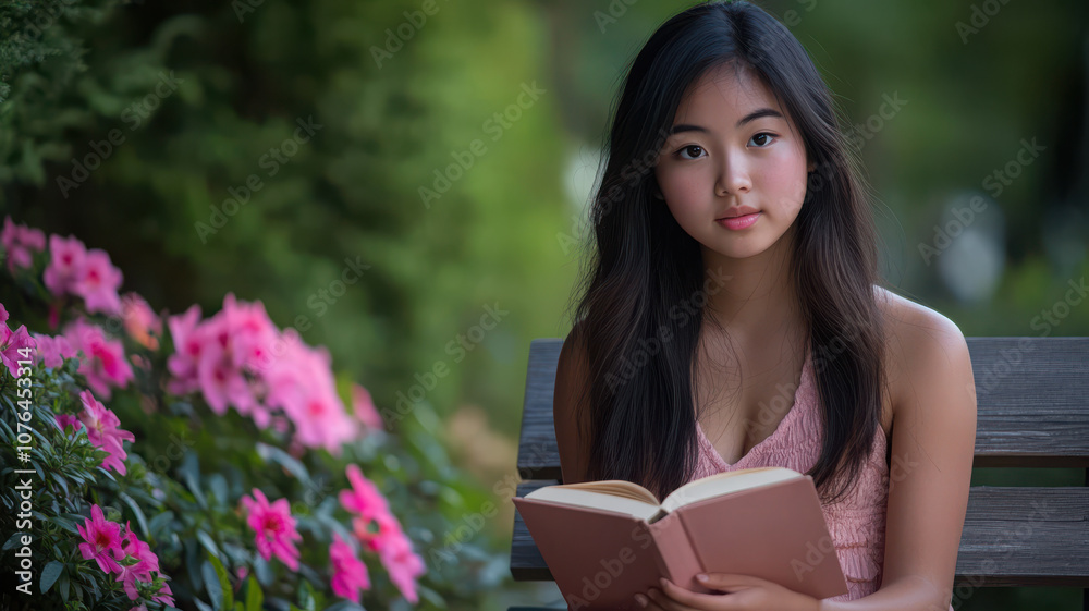 Fototapeta premium Teen Girl Reading in Quiet Garden