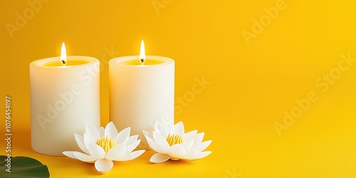 Two lit candles beside white lotus flowers on a vibrant yellow background create a serene and calming atmosphere.