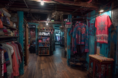 Visitors browse an eclectic ritual shop showcasing colorful garments and mystical items