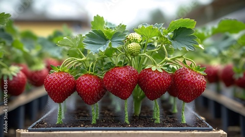 Aeroponic column of strawberry plants with misted roots displaying innovative high efficiency farming methods in a controlled indoor environment photo