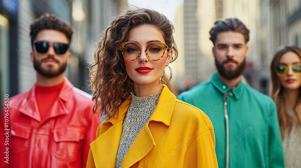 A Group of Diverse Fashionable People in Vibrant Clothing on the City Street A Group of Diverse Fashionable People in Vibrant Clothing on the City Street