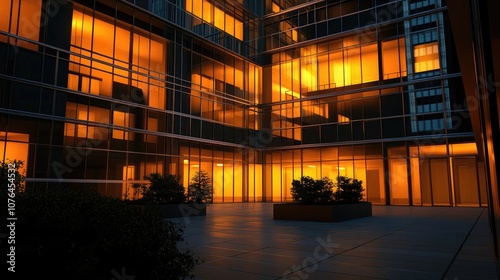 Modern Office Building Exterior at Night with Illuminated Windows, Wide-Angle and Low-Angle Shot, High-Resolution