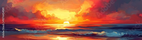 An abstract oil painting depicting a fiery sunset over an ocean scene