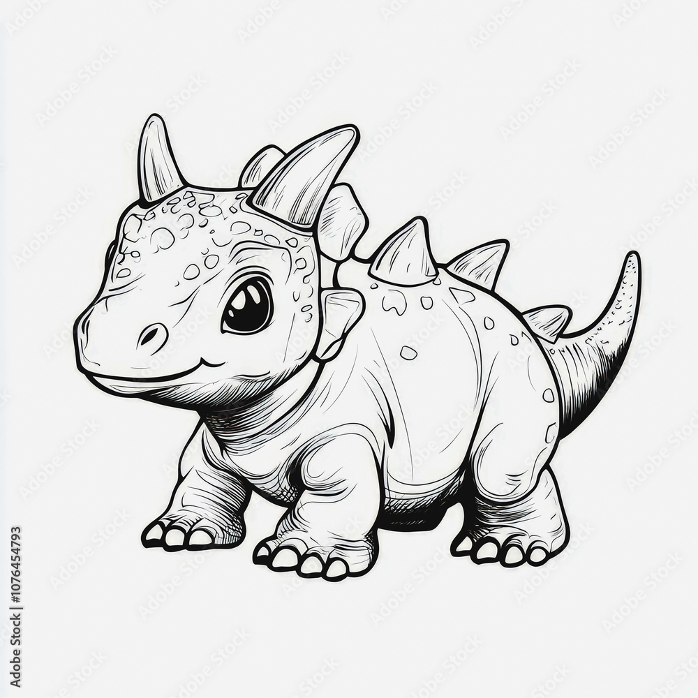 Obraz premium Adorable Cartoon Dinosaur Character Sketch in Black and White, Perfect for Children's Books, Educational Materials, and Fun Illustrations for All Ages