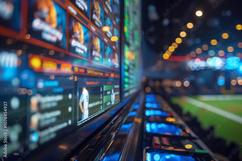 Fototapeta premium Multiple screens display sports betting odds in a bustling venue with enthusiastic patrons