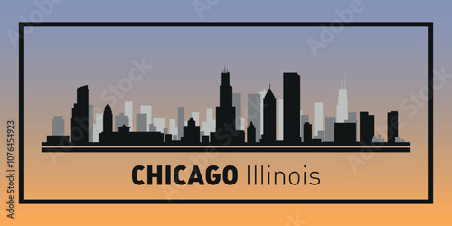 Silhouettes of buildings on Chicago skyline in black frame. Vector on a colored background.