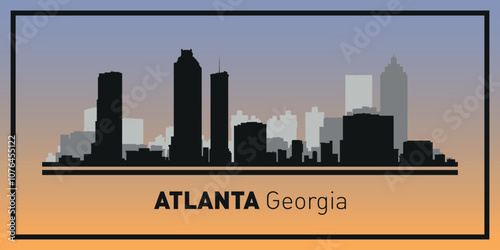 Silhouettes of buildings on Atlanta skyline in black frame. Vector on a colored background.