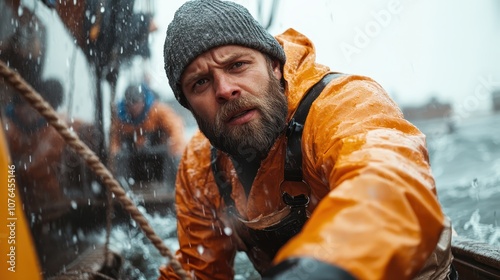 A focused man in an orange raincoat and beanie withstands the elements aboard a boat in rough seas, showcasing resilience and determination amid adverse conditions. photo