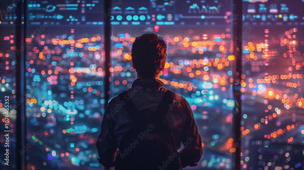 The person gazes at a vibrant city lit up by thousands of lights and digital screens The person gazes at a vibrant city lit up by thousands of lights and digital screens