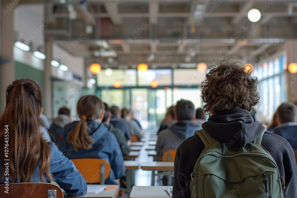 Teenagers are focused on their work at desks in a contemporary school environment Teenagers are focused on their work at desks in a contemporary school environment