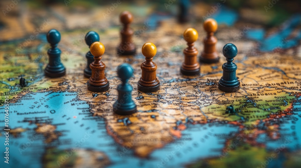 Chess pieces positioned on a world map, symbolizing strategy. Chess pieces positioned on a world map, symbolizing strategy.