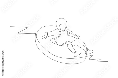 Little boy enjoying white water rafting. River rafting concept one-line drawing