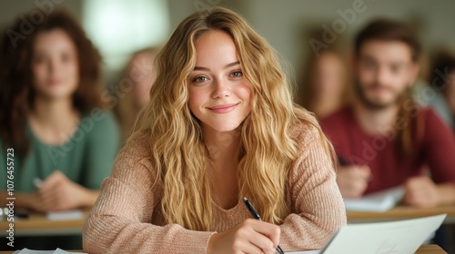 A young woman smiles while attentively engaged in a classroom setting, with peers blurred in the background, capturing the essence of focused learning. photo