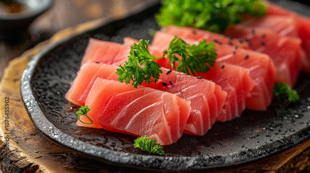 Freshly sliced tuna sashimi beautifully arranged on a plate with green garnishes