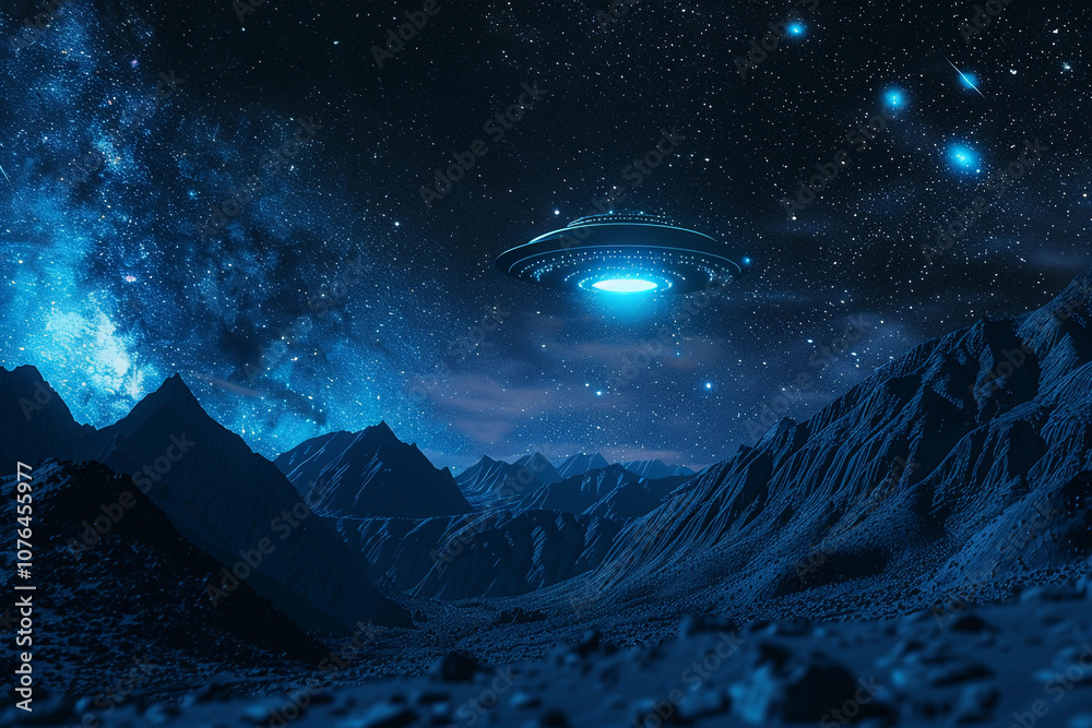 Obraz premium Iron oval UFO saucer hovering over beautiful landscape in dramatic sky