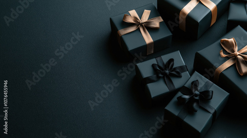 Collection of black gift boxes with shiny bow ribbons on a dark textured surface, arranged elegantly. Packaging highlights luxurious design in a minimalist style.