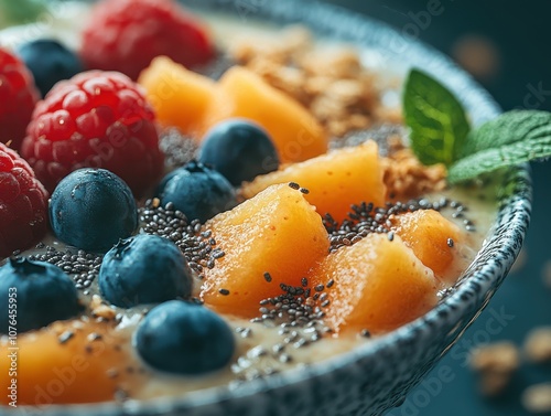 Detailed close-up of a fresh smoothie bowl, vibrant fruit textures, chia seeds, and granola, sharp focus on the ingredients photo