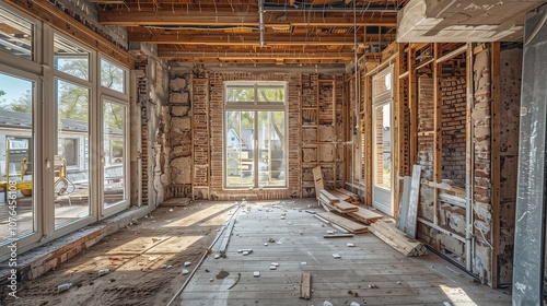 Renovation work highlights stripped walls and unfinished floors in a bright space