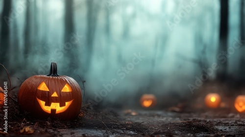 A path lined with glowing jack-o'-lanterns in a foggy forest landscape, creating an eerie atmosphere perfect for Halloween night adventurers. photo