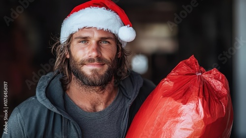 A smiling bearded man in a Santa hat and casual clothing holds a large red bag, standing against a dark indoor background with a sense of holiday preparation. photo