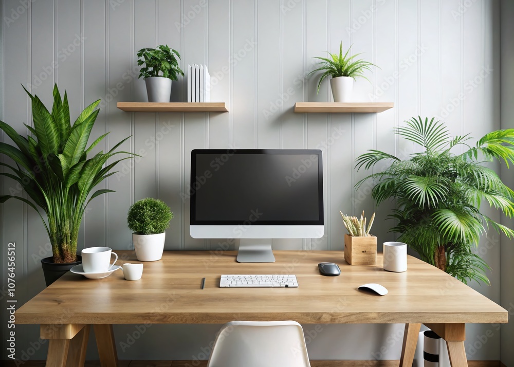 Elegant Minimalist Office Desk Setup Featuring a Computer, Lush Green Plants, and Tasteful Decor in a Bright and Airy Environment with a Focus on Clean Lines and Functionality Elegant Minimalist Office Desk Setup Featuring a Computer, Lush Green Plants, and Tasteful Decor in a Bright and Airy Environment with a Focus on Clean Lines and Functionality