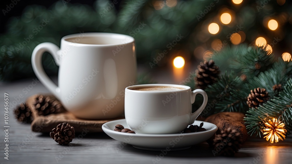 white ceramic cup with black coffee chrismas decoration white ceramic cup with black coffee chrismas decoration
