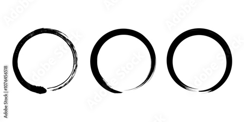 Set of black grunge paintbrush strokes. Enso Zen symbol. Circular label, logo, text frame, banner, emblem, badge. Grunge design element. Isolated. Distress texture. Ink brush strokes
