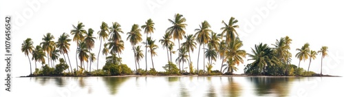 Lush Palm Tree Island with Reflecting Water Against a White Background