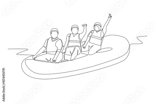 Group enjoying white water rafting. River rafting concept one-line drawing