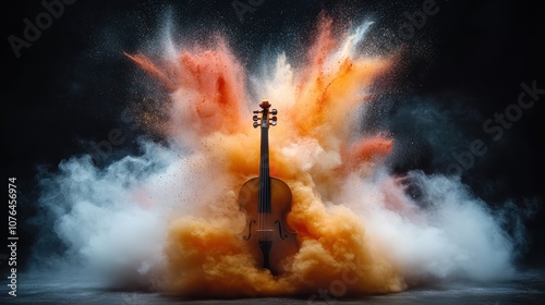 A wooden cello bursts through vibrant clouds of colored powder, creating a surreal and dynamic visual effect that intertwines music and creative abstraction. photo