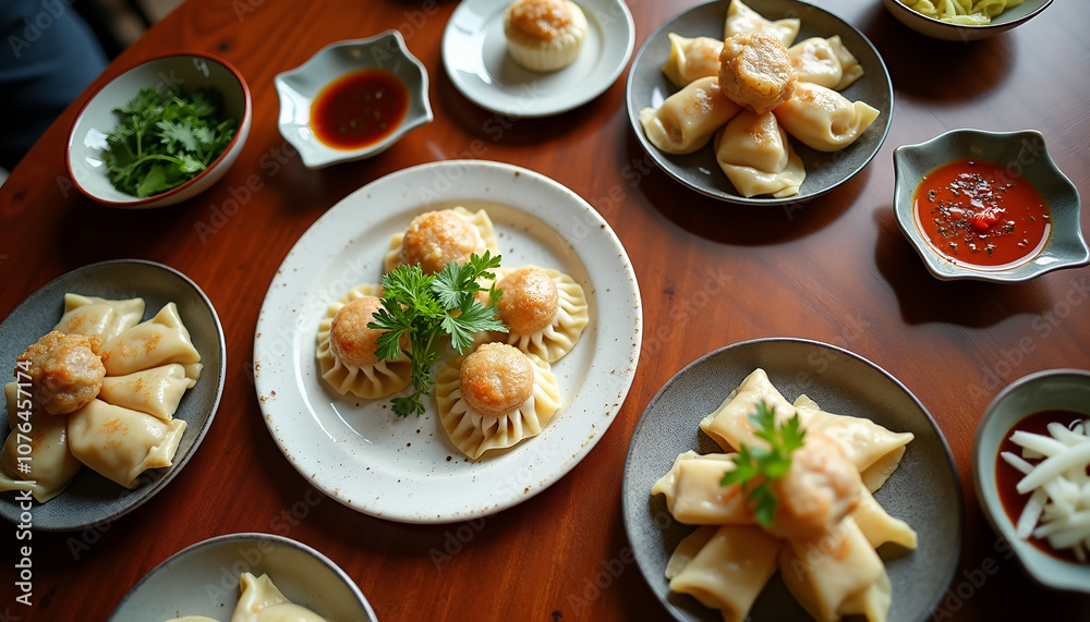 Overhead View of Dumplings on Table for Lunar New Year Overhead View of Dumplings on Table for Lunar New Year