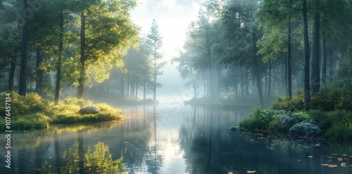 Sunbeams Illuminating a Mist-Shrouded Forest River