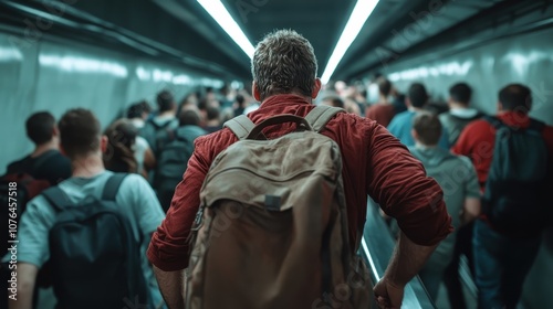 A man carrying a brown backpack walks amidst a dense crowd in an underground passage, representing the daily rhythm and personal stories within urban environments.