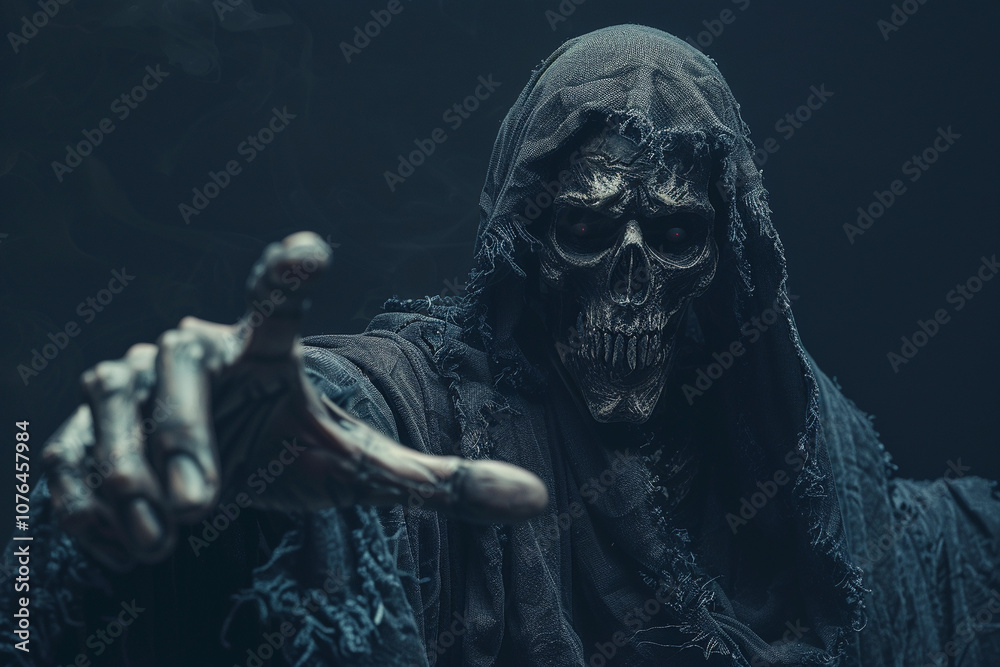 Scary grim reaper with sharp scythe in hell with dramatic background Scary grim reaper with sharp scythe in hell with dramatic background