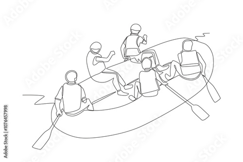 Group enjoying white water rafting. River rafting concept one-line drawing