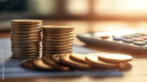 Neat Stack of Coins Beside Calculator and Papers