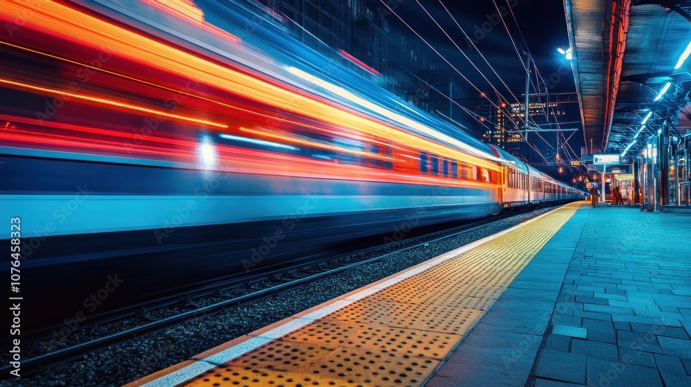 A Blurred Train Passing Through a Station at Night A Blurred Train Passing Through a Station at Night