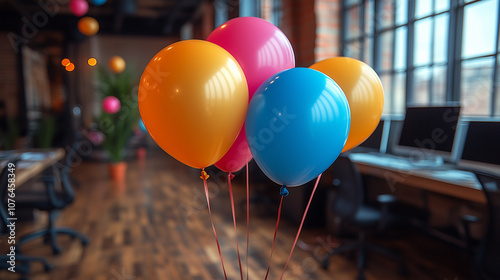 The office space is filled with computers, balloons  photo