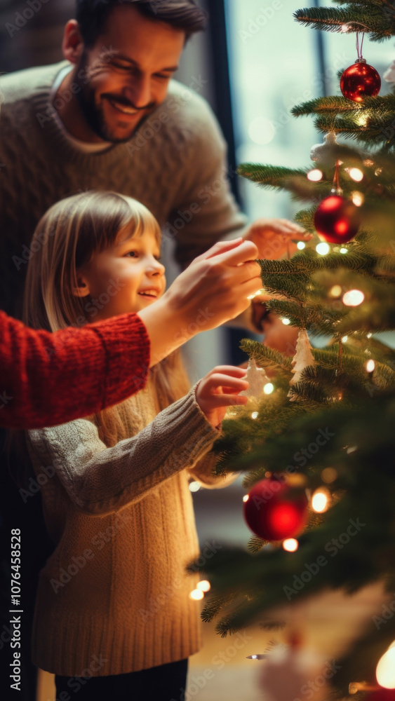 closeup photo of family decorating a Christmas tree. closeup photo of family decorating a Christmas tree.