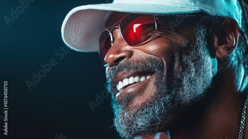 A stylish man wearing red-tinted sunglasses and a neatly trimmed beard is captured in a close-up shot that reveals his confident and charismatic personality. photo