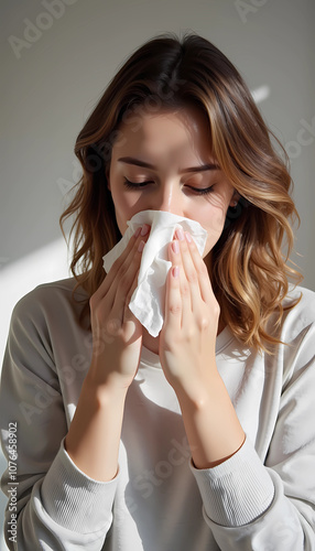 Woman sneezing into tissue in bright room