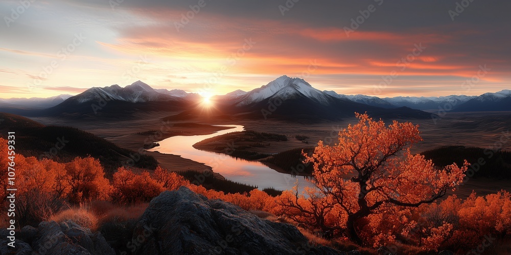 Fototapeta premium Nature's Beauty Unveiled A Stunning Sunset Over Mountains and River