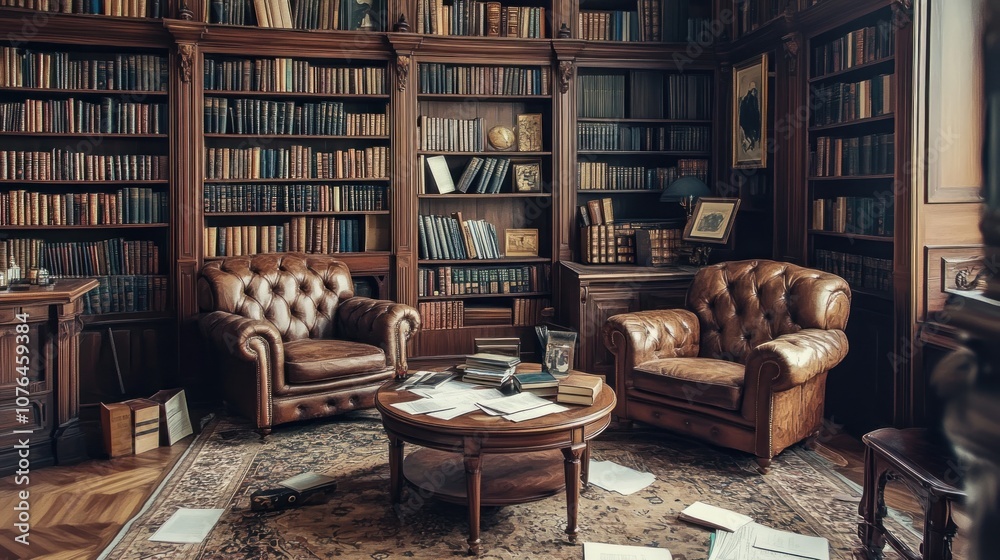 Classic Library Interior with Leather Armchairs and Bookshelves Classic Library Interior with Leather Armchairs and Bookshelves