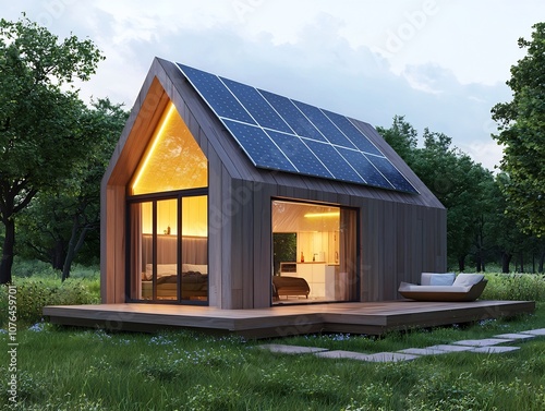 Tiny Eco Friendly House with Glowing Solar Panels Showcasing Minimalist Sustainable Living