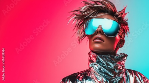 A woman with striking visor-style sunglasses and windswept hair stands against a dual-toned backdrop, wearing a metallic turtleneck evoking futuristic charisma. photo