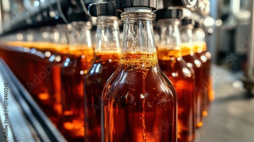 Rows of bottles filled with an amber-colored liquid are transported along a conveyor belt, suggesting a modern and efficient production process in progress. photo