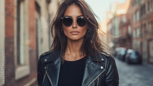 A stylish woman stands confidently in the middle of a city street wearing sunglasses and a leather jacket, projecting an air of modernity and self-assurance. photo